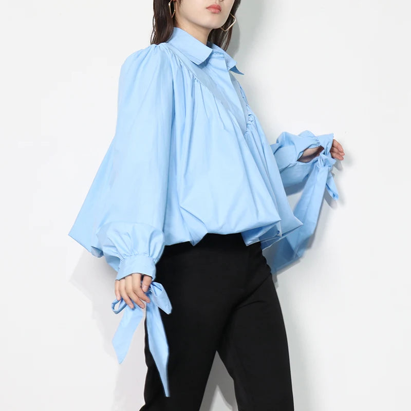 Loose Frill Trim Shirt For Women Lapel Long Sleeve Casual Lace Up Bow Blouse Female Fashion Clothing Autumn