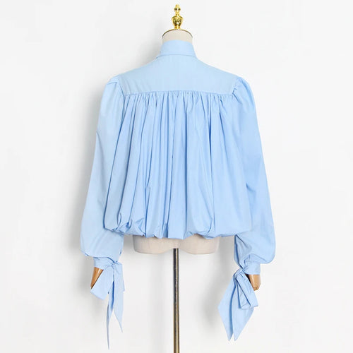 Load image into Gallery viewer, Loose Frill Trim Shirt For Women Lapel Long Sleeve Casual Lace Up Bow Blouse Female Fashion Clothing Autumn
