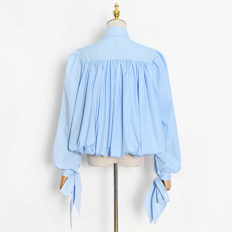 Loose Frill Trim Shirt For Women Lapel Long Sleeve Casual Lace Up Bow Blouse Female Fashion Clothing Autumn