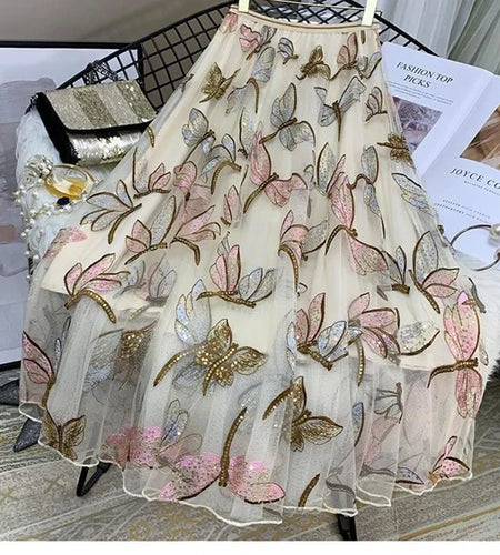 Sequin Mesh Embroidery Dragonfly Long Skirt Women's Spring And Summer Slim High Waist Pleated Sweet  Midi Tulle Skirts Female