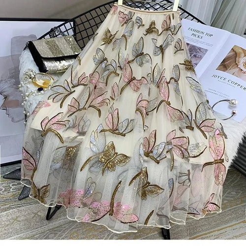 Load image into Gallery viewer, Sequin Mesh Embroidery Dragonfly Long Skirt Women's Spring And Summer Slim High Waist Pleated Sweet  Midi Tulle Skirts Female
