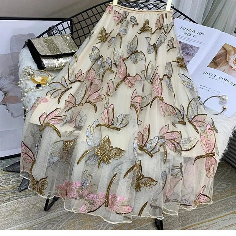 Sequin Mesh Embroidery Dragonfly Long Skirt Women's Spring And Summer Slim High Waist Pleated Sweet  Midi Tulle Skirts Female