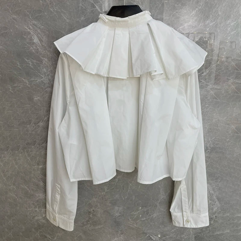 Apricot Minimalist Short Shirt Female Stand Collar Long Sleeve Patchwork Pleated Loose Korean Fashion Woman Blouses