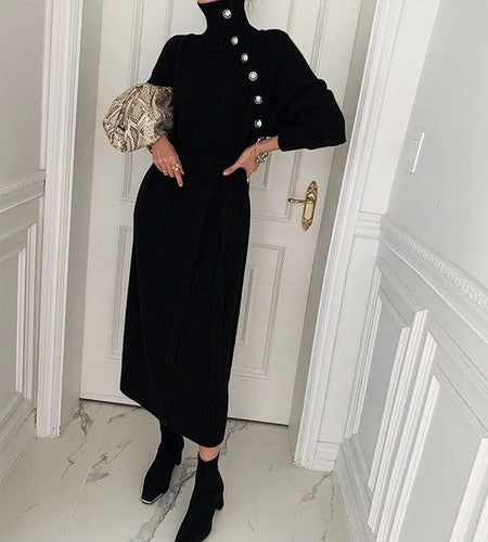 Elegant Sweater Dress Female Fashion Casual Loose Turtleneck Solid Pullover Sash Tie Up Robe Femme Autumn Winter Party Dress