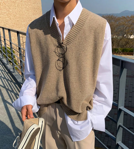 Menswear Korean Style Fashion Knitted Vest Men's Autumn Personalized V-Neck Loose Sleeveless Sweater Vests Tide