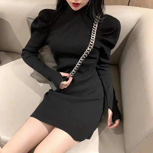 Load image into Gallery viewer, Autumn Knitted One-piece Dress Korean Women Winter Warm Puff Long Sleeve Sexy Mini Dress Bodycon Black Dresses Kpop
