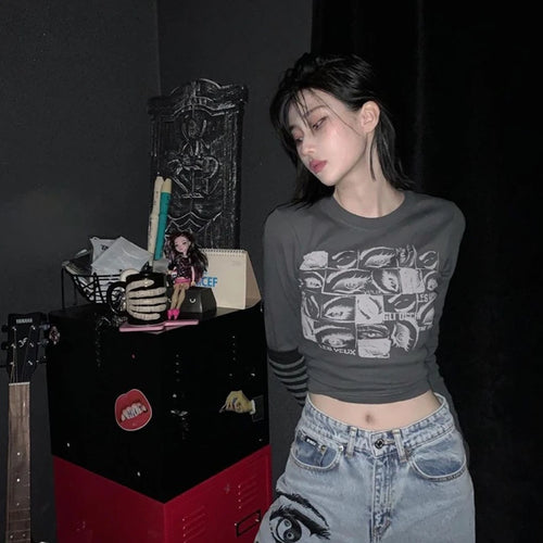 Load image into Gallery viewer, Y2k Aesthetic Grunge Goth T-shirt Tee Female Clothing Y2k Graphic Print Long Sleeve Tops Harajuku Clothes Streetwear
