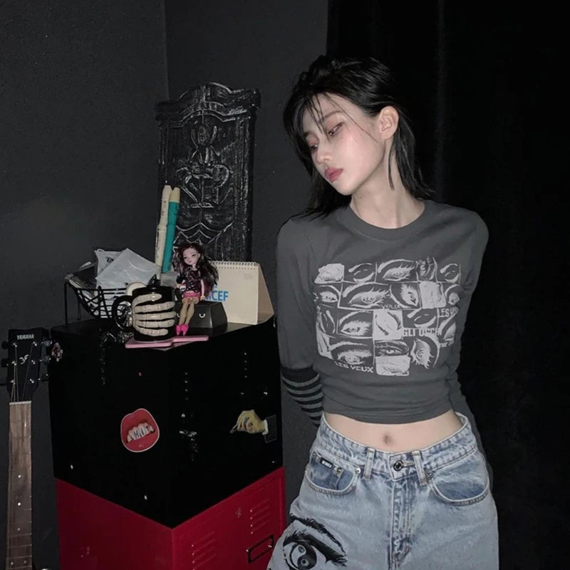 Y2k Aesthetic Grunge Goth T-shirt Tee Female Clothing Y2k Graphic Print Long Sleeve Tops Harajuku Clothes Streetwear
