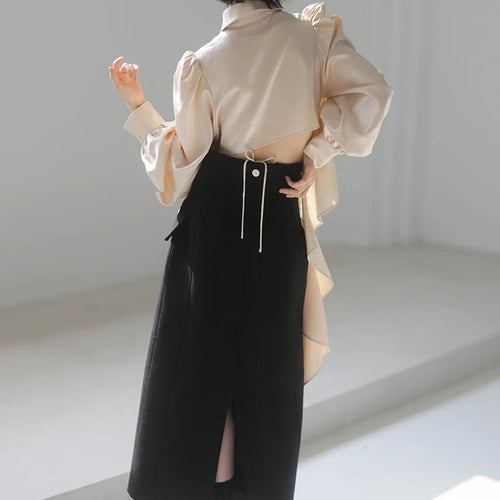 Load image into Gallery viewer, Ruffle Trim Solid Shirt For Women Lapel Puff Sleeve Fold Pleated Button Through Blouse Female Korean Fashion Spring
