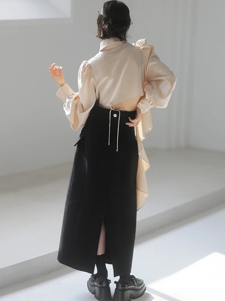 Ruffle Trim Solid Shirt For Women Lapel Puff Sleeve Fold Pleated Button Through Blouse Female Korean Fashion Spring