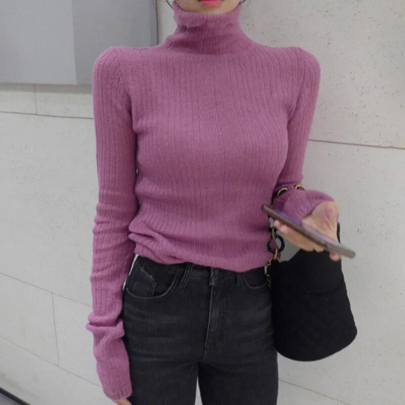 White Korean Knitted Sweater For Women Turtleneck Long Sleeve Autumn Slim Pullover Female Clothing Fashion