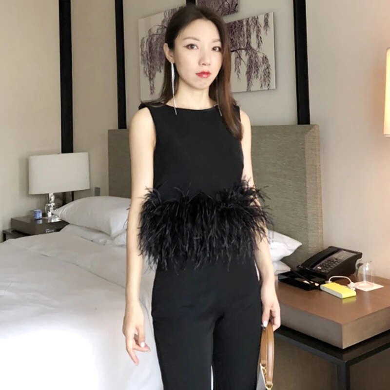 Black Patchwork Feathers Korean Fashion Shirt Top Women Round Neck Sleeveless Slim Tops Female Summer Clothing