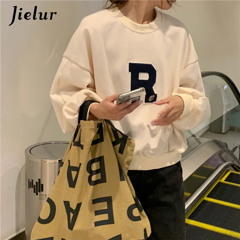 Lantern Sleeve Sweatshirts Women Apricot Loose Simple Letter R Embroidery O-neck Long Sleeve Tops Streetwear Hoodies M-XL