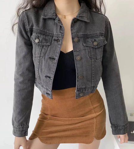 Vintage Black Denim Cropped Jacket Women Dark Gray Long Sleeve Short Jeans Jackets Ladies Fashion Distressed Coats Solid