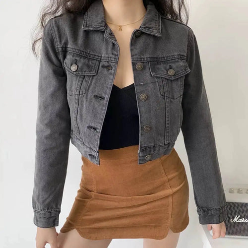 Vintage Black Denim Cropped Jacket Women Dark Gray Long Sleeve Short Jeans Jackets Ladies Fashion Distressed Coats Solid