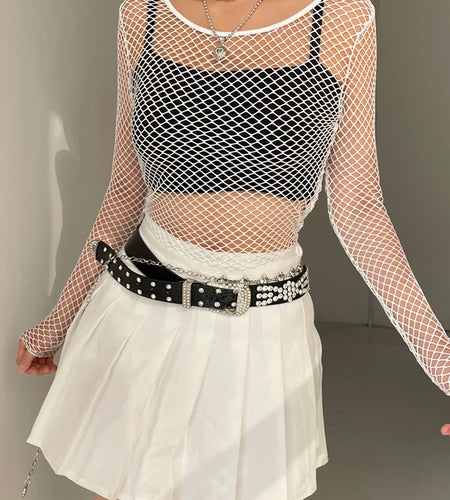 Streetwear Off Shoulder Fishnet Top Cropped Casual Sexy Summer T-shirts Women Gothic Clothes Hollow Out Tee Clothing
