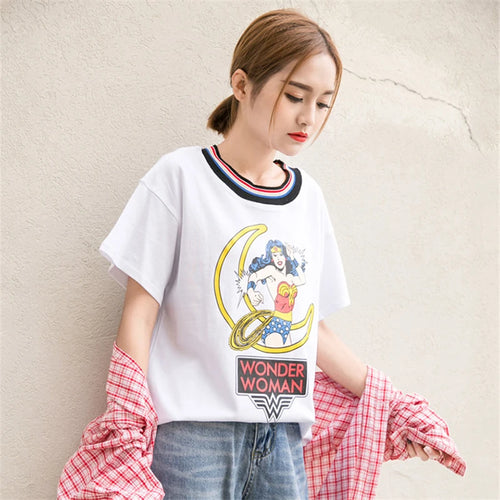 Load image into Gallery viewer, Summer Fashion Harajuku White T shirt Female Loose Rainbow Stripe Collar Cartoon Printed Tops Short Sleeve Casual T-shirts Women
