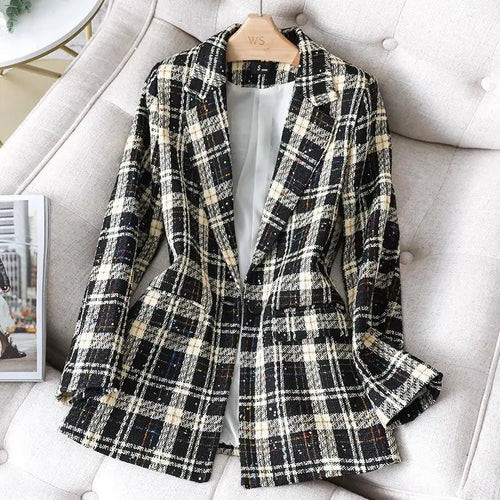 Load image into Gallery viewer, Stylish Jacket Coat Formal Blazers Lady Office Work Suit Manual Sequins Jackets Slim Plaid Outerwear Women Elegant Blazer Female
