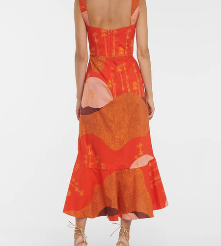 Casual Print Colorblock Dress For Women Square Collar Sleeveless High Waist Midi Dresses Female Korean Fashion Clothing New