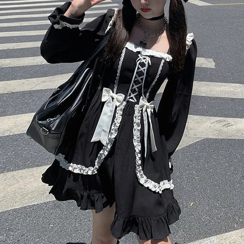 Load image into Gallery viewer, Kawaii Lolita Milkmaid Dress Women Japanese Maid Costume Gothic Lolita Ruffle Bandage Staple Dress Long Sleeve Autumn
