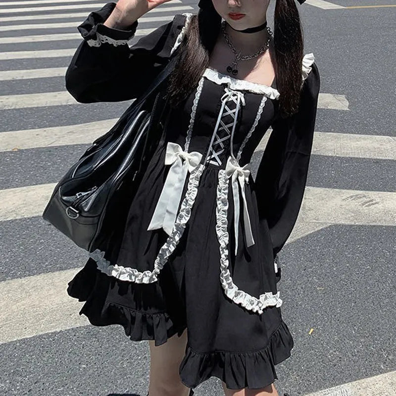 Kawaii Lolita Milkmaid Dress Women Japanese Maid Costume Gothic Lolita Ruffle Bandage Staple Dress Long Sleeve Autumn
