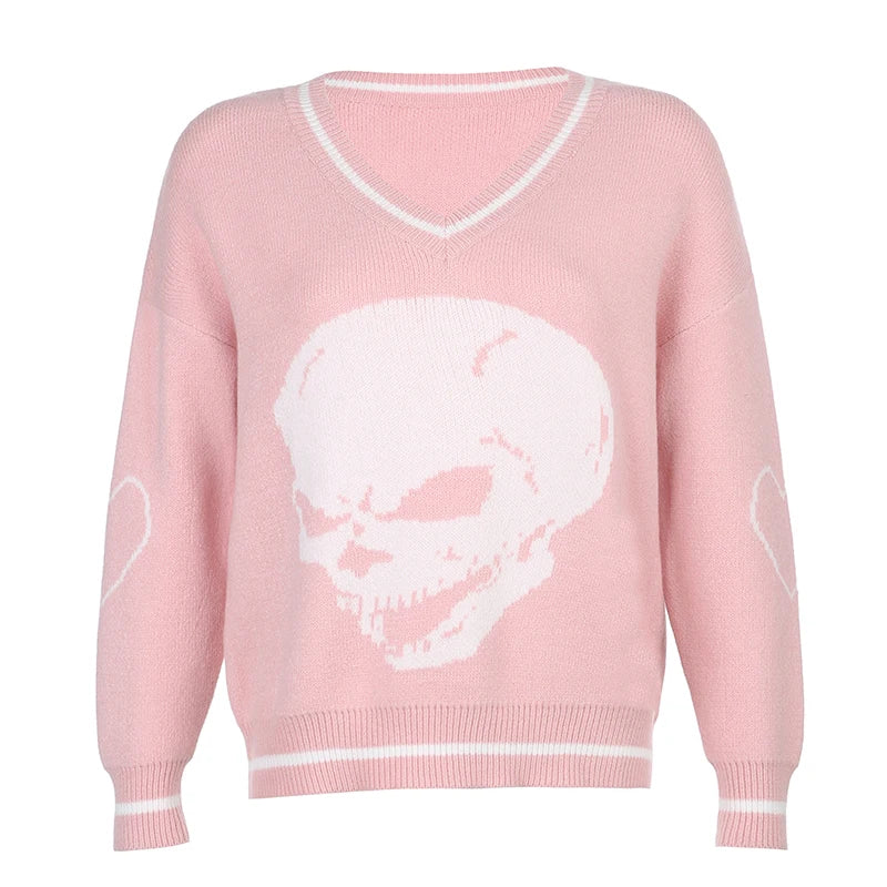 Gothic Skull Print Autumn Winter Woman Sweaters Y2K Fashion Loose Pullover Harajuku Knitted Sweater Ladies Pull Femme