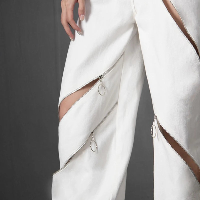 White Patchwork Zipper Cut Out Loose Pants For Women High Waist Korean Fashion Wide Leg Pant For Women Clothes