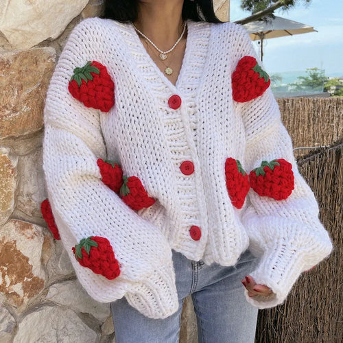 Load image into Gallery viewer, Women&#39;s Winter Sweater Coat Thick Knitwear Strawberry Chic Crochet Tops Autumn V-neck Loose Vintage Casual Cardigan For Women
