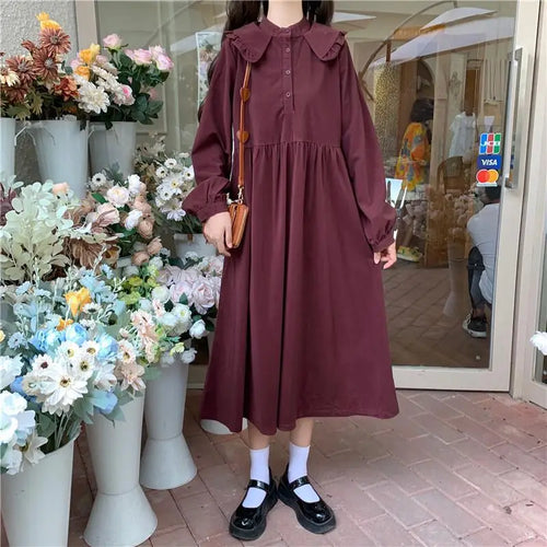 Load image into Gallery viewer, Japanese Kawaii Peter Pan Collar Dress Soft Mori Girl Long Sleev Midi Red Wine Dress Lolita Cute Clothes Autumn
