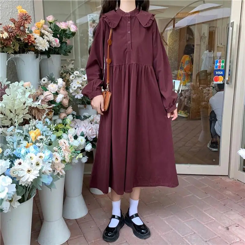 Japanese Kawaii Peter Pan Collar Dress Soft Mori Girl Long Sleev Midi Red Wine Dress Lolita Cute Clothes Autumn