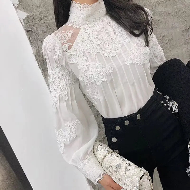 Mesh Lace Patchwork Shirt Female Stand Collar Lantern Sleeve Woman Blouses Autumn Korean Fashion Clothing