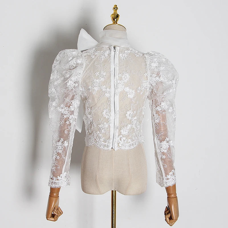 Lace Embroidery Perspective Shirt For Women Stand Collar Puff Long Sleeve Slim Blouses Female Fashion Clothing