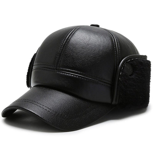 Load image into Gallery viewer, Warm Winter Bomber Hat PU Leather Black Baseball Cap for Men Velvet Thick Men&#39;s Cap Earflaps Gorras Hombre Snapback
