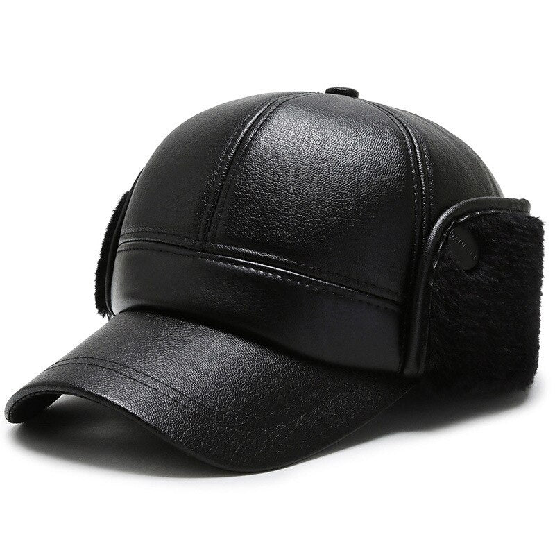 Warm Winter Bomber Hat PU Leather Black Baseball Cap for Men Velvet Thick Men's Cap Earflaps Gorras Hombre Snapback