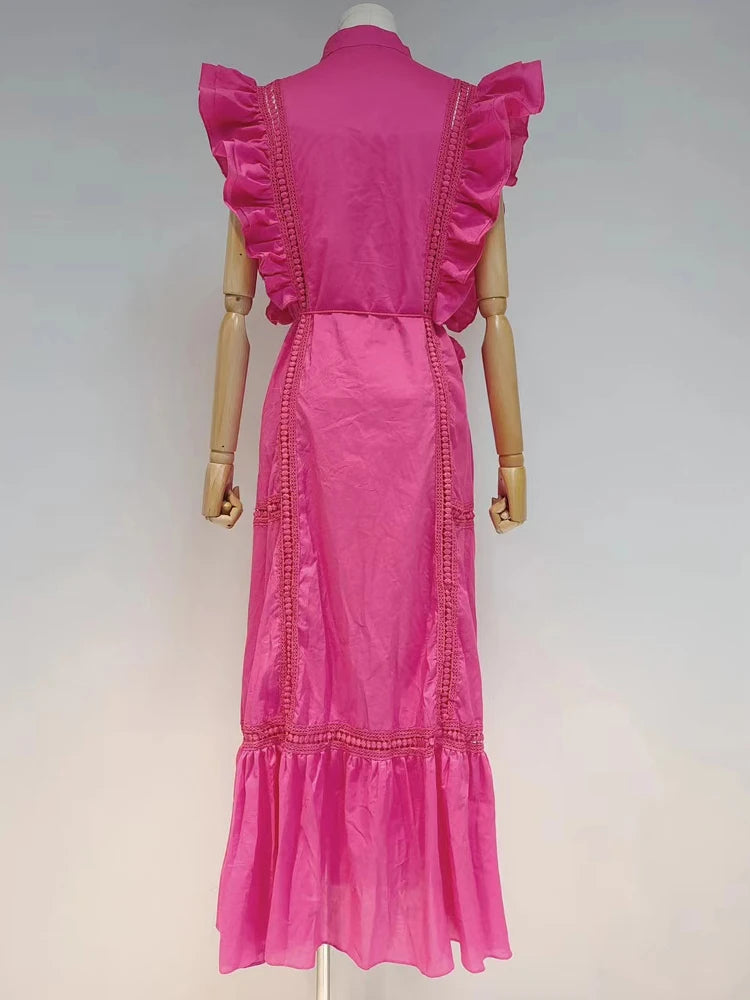 Vintage Korean Fashion Cut Out Dress For Women Stand Collar Sleeveless High Waist Ruffle Trim Mid A Line Dresses Female New