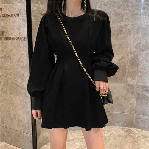 Load image into Gallery viewer, Autumn Black Mini Dress Spring Fashion Korean Style Wrap Long Sleeve Pleated Dress Casual Wrap Streetwear Women Kpop
