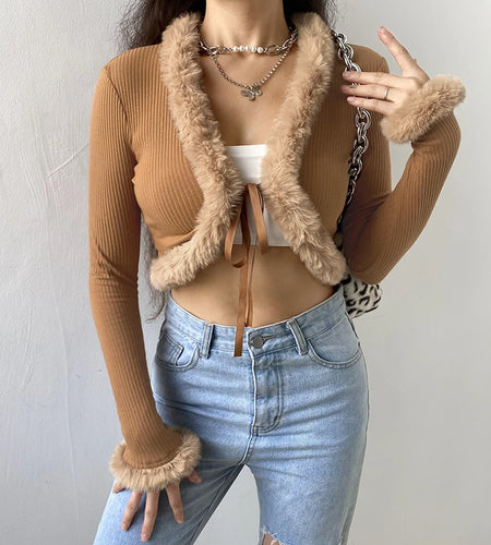 Autumn Winter Faux Fur Trim Long Sleeve T-shirts Front Tie Up Knitted Sexy T shirt Women Cardigan Cropped Top Tee