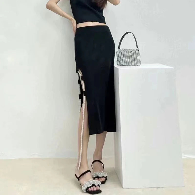 Hollow Out Sexy Skirt For Women High Waist Side Split Chain Solid Midi Skirts Female Summer Clothing Style