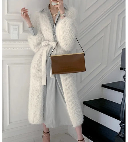 Elegant Loose Sweater Coat Female Solid Color Mohair Knitwear Outerwear Autumn Winter Trend New Thicken Knitted Cardigan Women