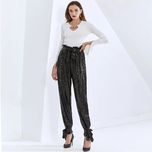Load image into Gallery viewer, Patchwork Sequin Wide Leg Pants For Women High Waist Straight Streetwear Casual Trousers Female Fall Fashion
