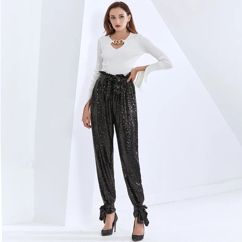 Patchwork Sequin Wide Leg Pants For Women High Waist Straight Streetwear Casual Trousers Female Fall Fashion
