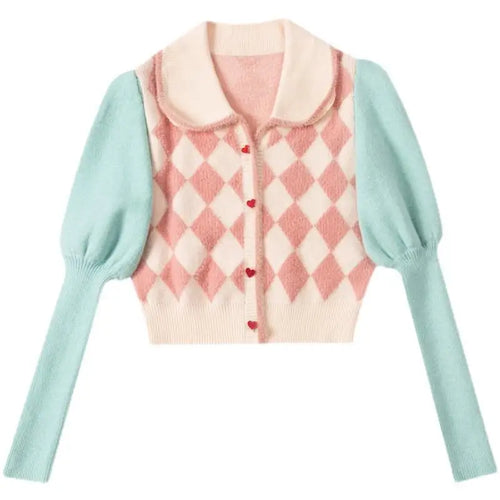 Load image into Gallery viewer, Preppy Style Crop Knit Cardigans Contrast Color Argyle Sweater Women Sweet Y2k Pull Femme Short Casual Coat Harajuku
