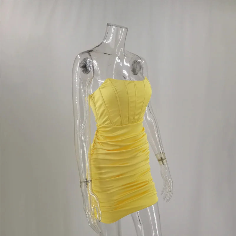 Satin Strapless Ruched Dress For Women Summer Off-shoulder Sleeveless Bodycon Party Clubwear Mini Dresses Vestidos