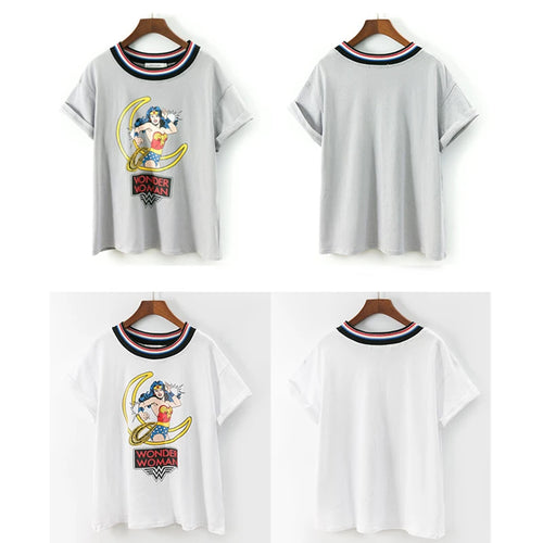 Load image into Gallery viewer, Summer Fashion Harajuku White T shirt Female Loose Rainbow Stripe Collar Cartoon Printed Tops Short Sleeve Casual T-shirts Women
