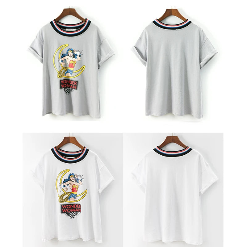 Summer Fashion Harajuku White T shirt Female Loose Rainbow Stripe Collar Cartoon Printed Tops Short Sleeve Casual T-shirts Women