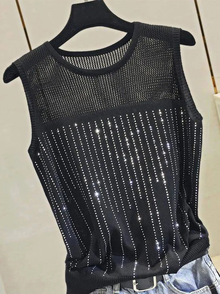 Women's Short Sexy Top Basic Tanks Hollow Out Shiny Sleeveless Tops Vest 2021 Summer Slim Open Back Vest Ladies Clothing Vest