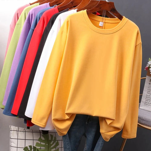 Load image into Gallery viewer, Autumn Cotton T shirt Female Pure Color Long Sleeve Women&#39;s T-shirts M-XXL Size Yellow White Simple Basic Tee Tops
