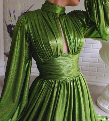 Green Sexy Cut Out Gathered Waist Long Dress Female Stand Collar Lantern Sleeve High-waisted Maxi Dresses For Women 2021 New
