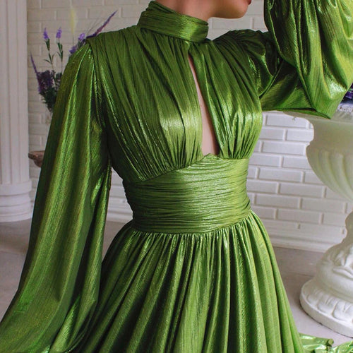 Load image into Gallery viewer, Green Sexy Cut Out Gathered Waist Long Dress Female Stand Collar Lantern Sleeve High-waisted Maxi Dresses For Women 2021 New
