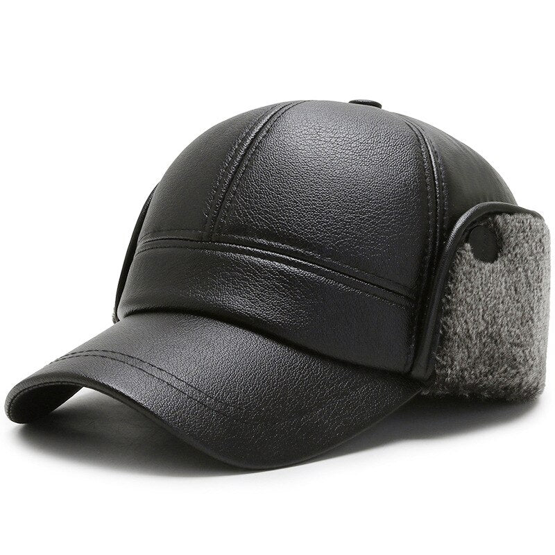 High Quality Men's Winter Baseball Cap Pu Leather Thicken Plus Velvet Warm Snapback Hats Black Cap Casquette Homme